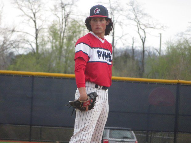 Plymouth Whitemarsh pitcher Chase Fisher looks to home plate against Hatboro-Horsham Thursday, April 4, 2024. (Ed Morlock/MediaNews Group)