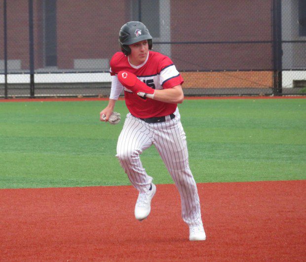 Plymouth Whitemarsh's Gabe Caucci runs from second base to third during a game against Hatboro-Horsham Thursday, April 4, 2024. (Ed Morlock/MediaNews Group)