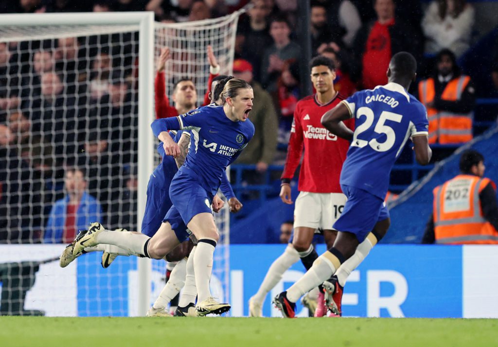 Conor Gallagher celebrates scoring against Manchester United