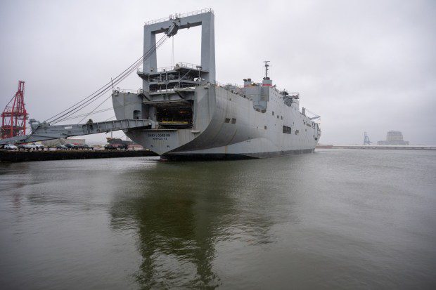 The MV Gary I. Gordon, a military sealift roll-on/roll-off ship, is docked at Pier 1 in Canton Industrial Area. (Jerry Jackson/Staff)