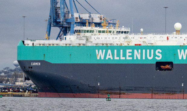 The Carmen, a Wallenius Wilhelmsen vehicle carrier is tied up at Dundalk Marine Terminal. It is one of several large ships stuck in the port following the collapse of the Francis Scott Key Bridge. (Jerry Jackson/Staff)