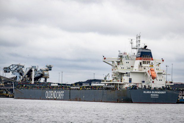 The bulk carrier Klara Oldendorf tied up at Consol Marine Terminal in the Canton Industrial Area is one of several large ships stuck in the port following the collapse of the Francis Scott Key Bridge. (Jerry Jackson/Staff)