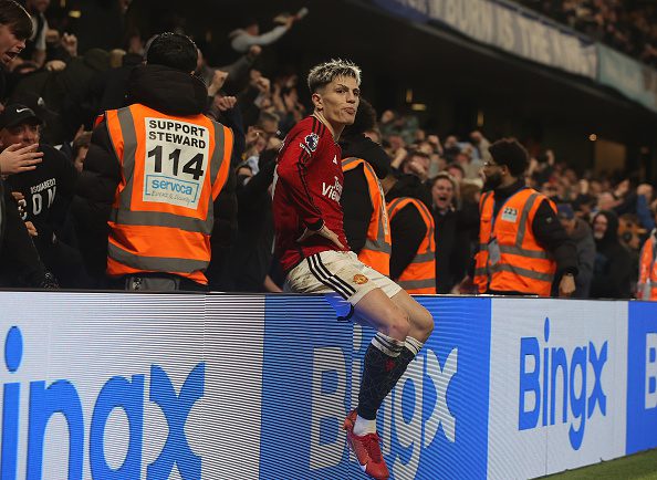 Garnacho celebrates his second goal at Stamford Bridge