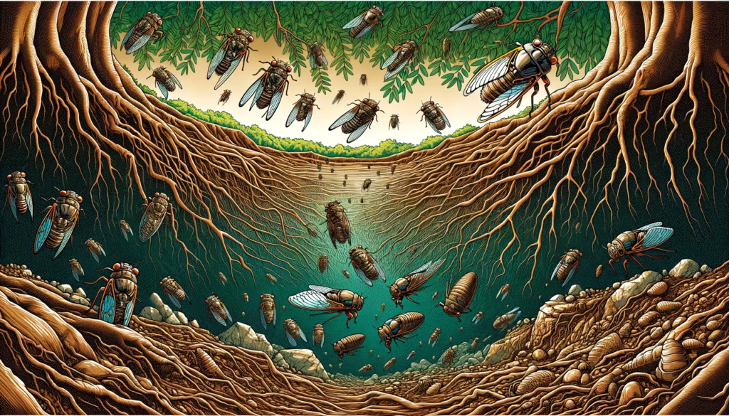 a vector art image of cicadas emerging from underground